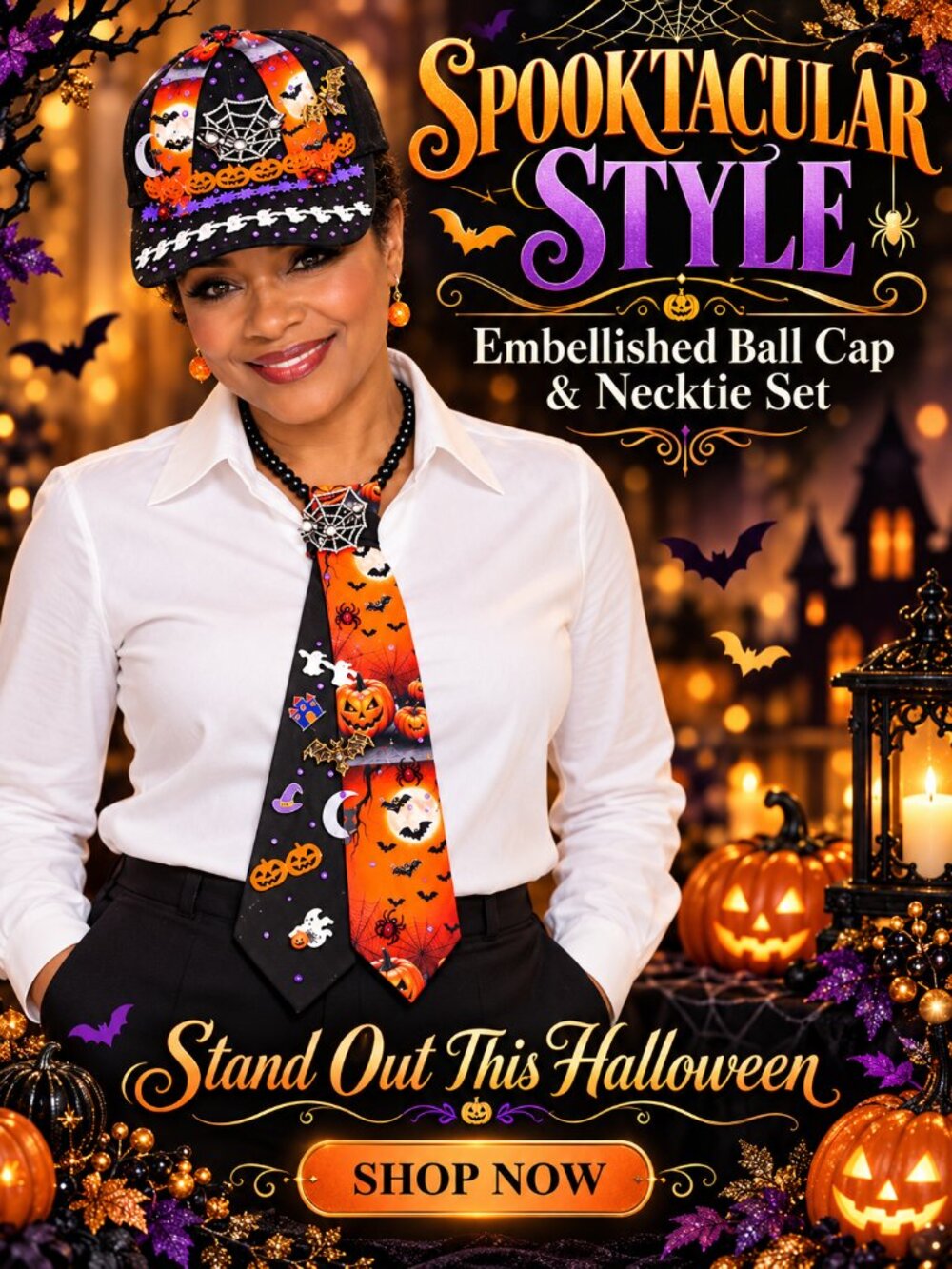 Halloween Sparkle Ball Cap & Necktie Set